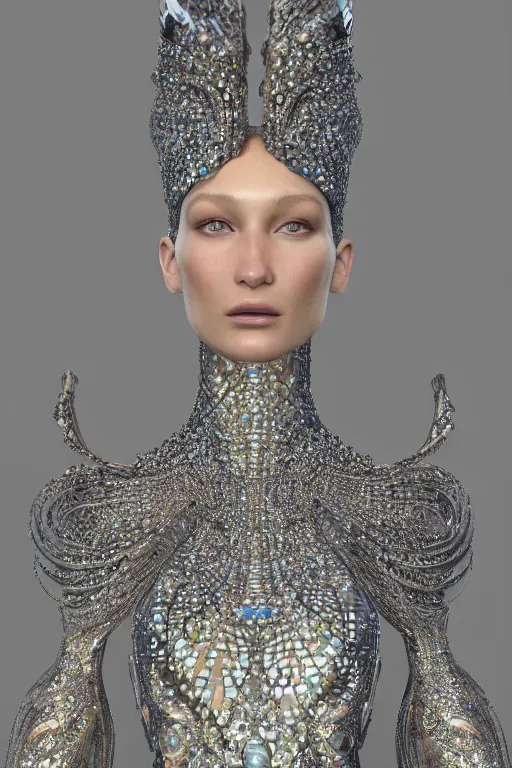 Image similar to a highly detailed metahuman 4 k close up render of an alien goddess bella hadid as kleopatra in iris van herpen dress schiaparelli in diamonds crystals swarovski and jewelry in style of alphonse mucha gustav klimt trending on artstation made in unreal engine 4