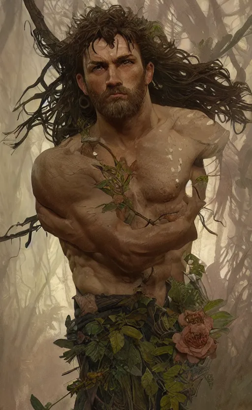 Image similar to god of the forest, rugged, handsome, male, detailed face, clean lines, atmospheric lighting, amazing, full body, thighs, flowers, muscular, intricate, highly detailed, digital painting, deviantart, concept art, sharp focus, illustration, art by greg rutkowski and alphonse mucha