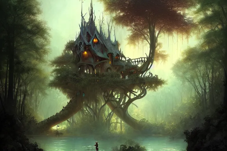 Image similar to treehouse with architecture from antonio gaudi in a deep mystical forest , lampoons, lake, waterfall, tall people walking and discussing, dynamic lighting, art by peter mohrbacher on artstation, mix with rivendell architecture, night mood