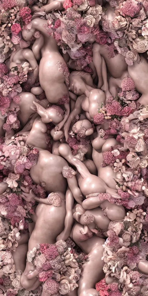 Prompt: a sculpture of human bodies intertwined, a lovely cornucopia of flowers and human body parts, body parts, highly detailed, octane render, cinematic