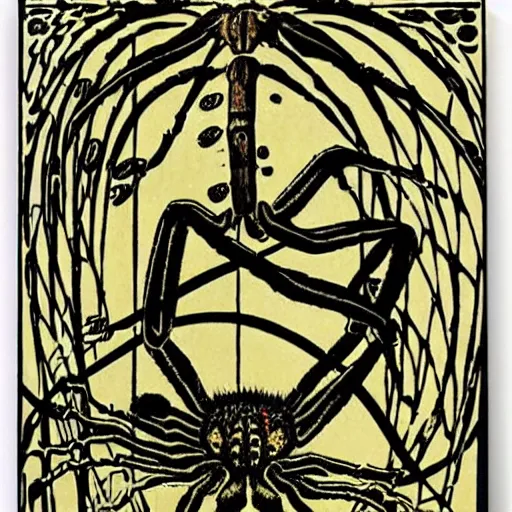 Prompt: a girl with a spider, colored woodcut, poster art, by Mackintosh, art noveau, by Ernst Haeckel