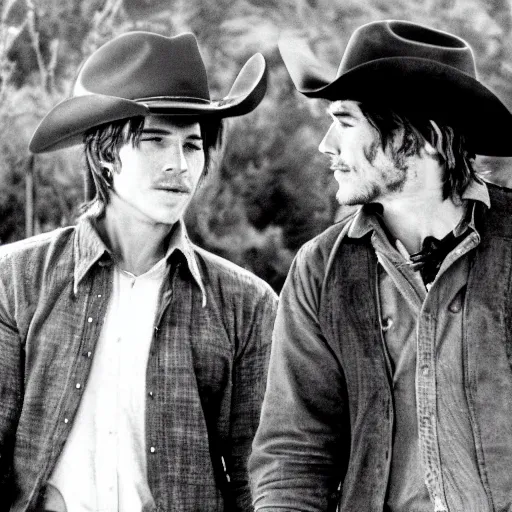 Image similar to a romantic scene from brokeback mountain starring josh hartnett as ennis del mar and jake gyllenhaal as jack twist