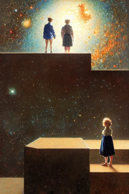 Image similar to a 1 2 year old boy and 1 0 year old girl looking at a wall and viewing the universe full of galaxies, part by norman rockwell, part by greg rutkowski, part by mattias adolfsson, high angle, ( ( ( ( volumetric lighting ) ) ) ), oil on canvas