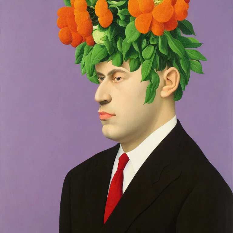 Prompt: portrait of man in a suit with flower head by rene magritte, detailed painting, hd, hq, high resolution, high detail, 4 k, 8 k