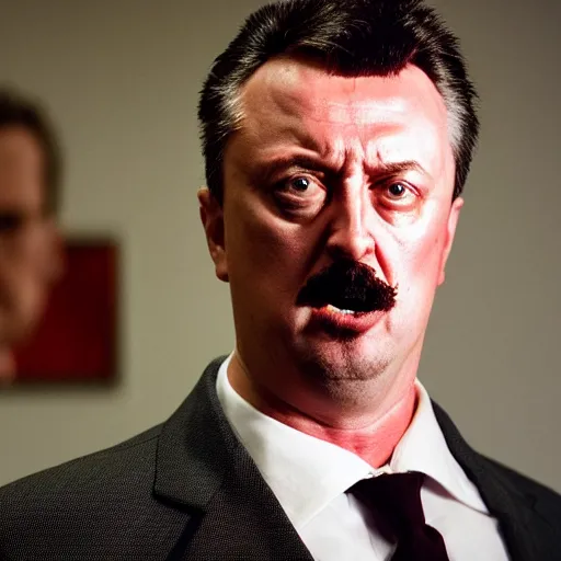 Image similar to Igor Ghirkin Strelkov as The American Psycho doing the Bateman stare, cinematic still