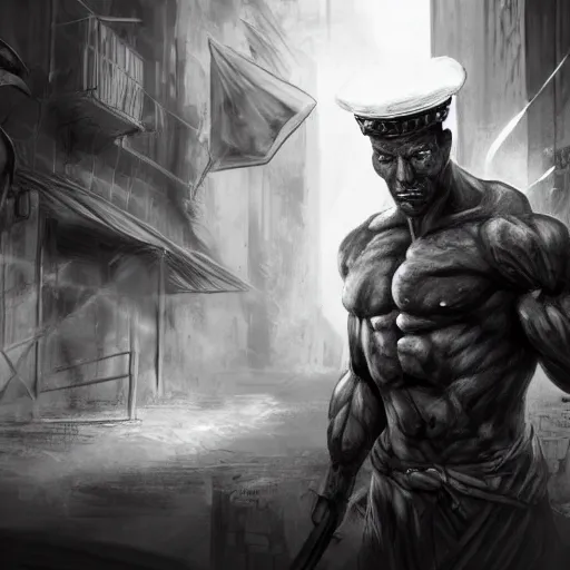 Prompt: black and white muscular demon man, wearing soldier uniform, holding bayonet knife exploring urban environment, concept art trending on art station 4k award-winning unreal engine