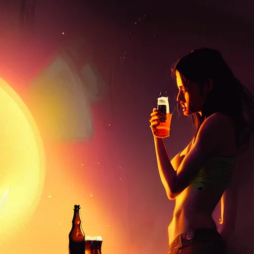 Prompt: a girl drinking beer in black hole, detailed digital art by greg rutkowski.