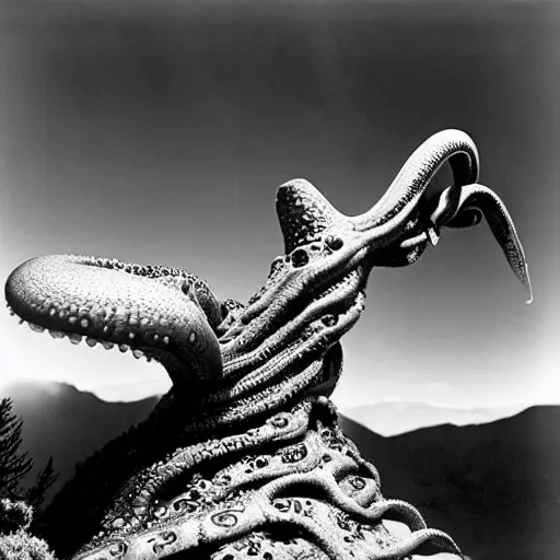 Prompt: a large tentacled monstrosity squid dinosaur stepping over a mountain range by Ansel Adams and H.R. Giger, black and white photography