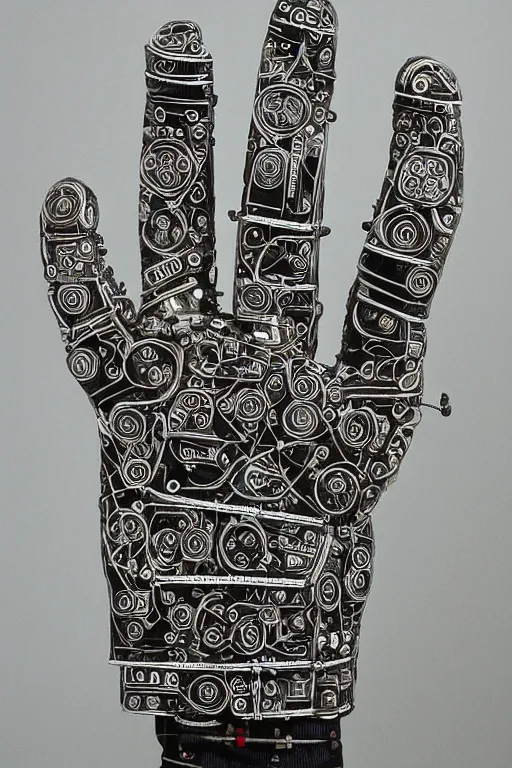 Prompt: cybernetic robotic hand made of engraved ceramic, wires and circuitry, engraved in sanskrit writing