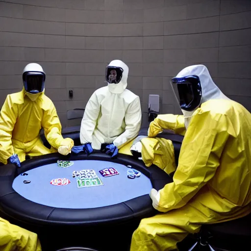 Prompt: a group of men wearing hazmat suits are sitting around a circular poker table, film still, 8k