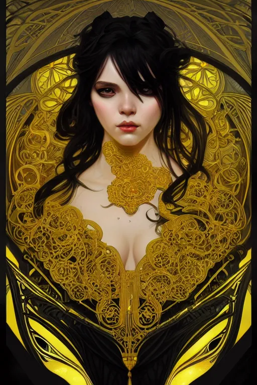 Image similar to beautiful black yellow, dark fantasy, intricate, elegant, highly detailed, digital painting, artstation, concept art, matte, sharp focus, illustration, art by artgerm and alphonse mucha