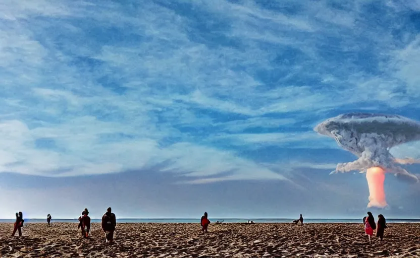 Image similar to sunny day at the beach blue sky nuclear explosion on the horizon and few people watching it war apocalyptic photorealistic