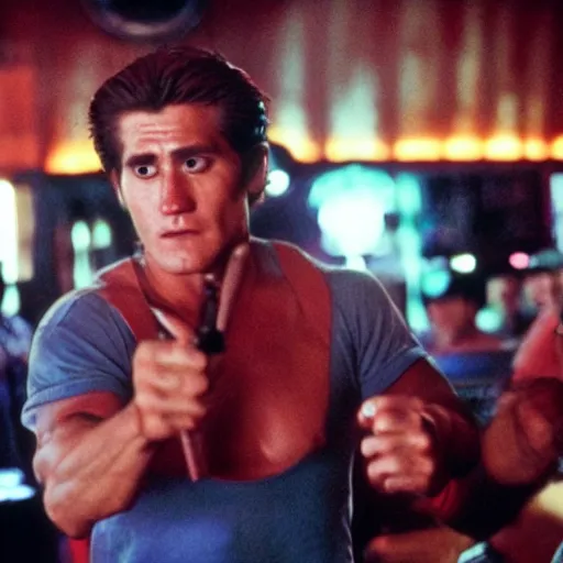 Image similar to cinestill of Jake Gyllenhaal as Patrick Swayze fighting men in a bar in the movie Road house