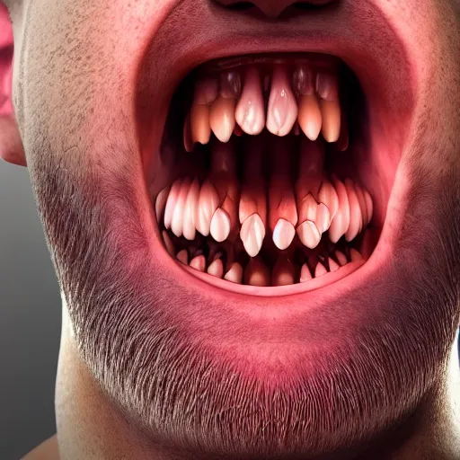 Image similar to extreme closeup photo of a man with a very wide open mouth with a skull inside his mouth, 3D render,subsurface scattering,global illumination,raytracing,studio lighting,cinematic,photorealistic,4k, UHD, HDR