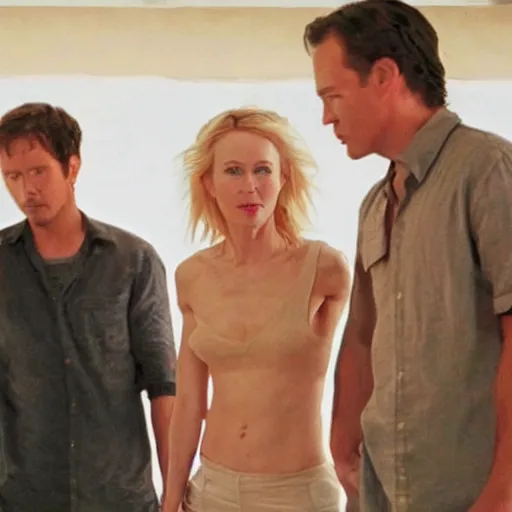 Prompt: scene from a movie with naomi watts circled by three men