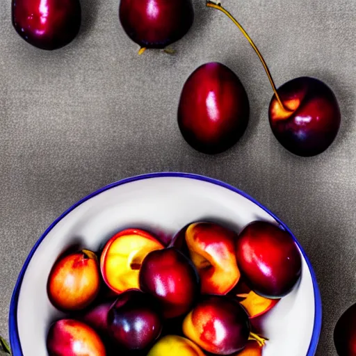 Image similar to photo of a thick porcelain bowl filled with a few moist freshly picked plums on a wooden table. volumetric lighting. 4 k. small scale. realistic. top down.