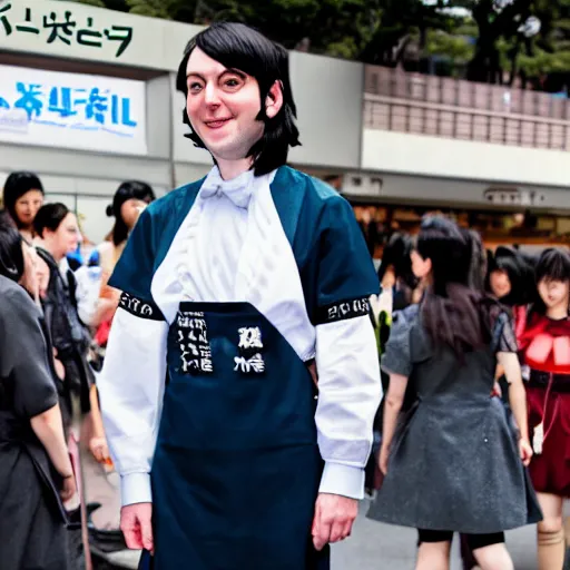 Prompt: martin shkreli in maid uniform at harajuku tokyo street fashion event, a professional high quality photo from vogue magazine