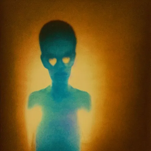 Image similar to coloured atmospheric polaroid photo of a with transparent ghostly banshee corpse body floating in old living room interior flashlight lighting