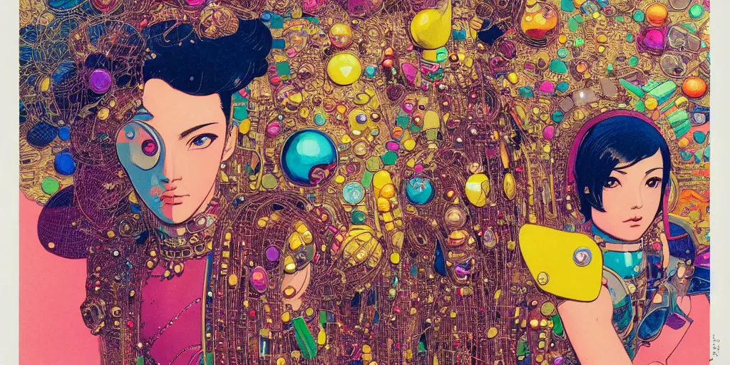 Prompt: risograph grainy drawing vintage sci - fi, satoshi kon color palette, gigantic beautiful bejeweled armored woman full - body covered in colourful gems, 1 9 6 0, kodak, metal wires, natural colors, codex seraphinianus painting by moebius and satoshi kon and alberto mielgo close - up portrait