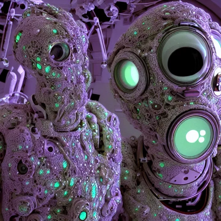 Image similar to a cybernetic symbiosis of a single astronaut mech-organic eva suit made of pearlescent wearing knitted shiny ceramic multi colored yarn thread infected with diamond 3d fractal lace iridescent bubble 3d skin dotted covered with orb stalks of insectoid compound eye camera lenses floats through the living room, film still from the movie directed by Denis Villeneuve with art direction by Salvador Dalí, wide lens,kevlar,carbon fiber,ceramics,gaseous materials,