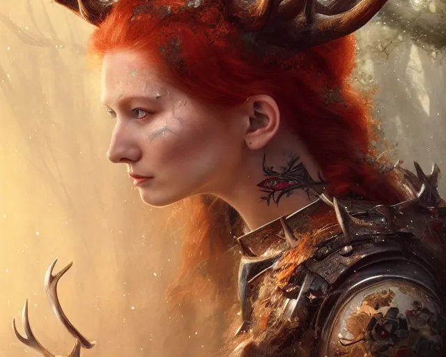 Image similar to 5 5 mm portrait photo of an armored gorgeous aesthetic redhead woman warrior with a face tattoo and antlers growing from her head and cat on her shoulder, in a magical forest. art by greg rutkowski. highly detailed 8 k. intricate. lifelike. soft light. nikon d 8 5 0.