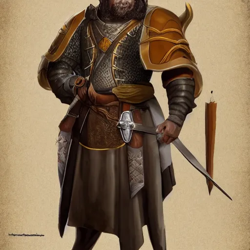 Image similar to 5 0 years old man, tall, stocky : : brown hair, sympathetic, designer stubble : : decorated medieval clothing : : high detail, digital art, rpg, concept art, illustration