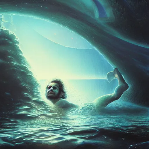 Prompt: a curly - haired persian guy swimming in the latent space by david a hardy, noriyoshi ohrai, gary ruddell, greg rutkowski highly detailed, cinematic composition, trending on artstation