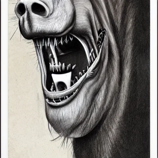 Image similar to A horse grinning with a full set of human teeth, drawing by Stephen Gammell