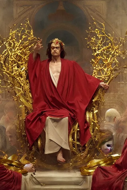 Image similar to beautiful oil painting, steve buscemi in royal crimson robes enthroned as the god emperor of ancient rome a golden wreath upon his head, by anders zorn, wonderful masterpiece by greg rutkowski, beautiful cinematic light, american romanticism, by thomas lawrence, greg rutkowski