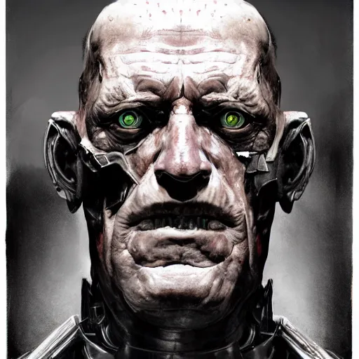 Image similar to michael berryman as victor stone, full body concept, cyborg, borg, strogg, face of a man, terminator, flesh, quake strogg, doom demon, wolfenstein, monstrous, powerful, symmetry, symmetrical, concept art by ruan jia and greg rutkowski