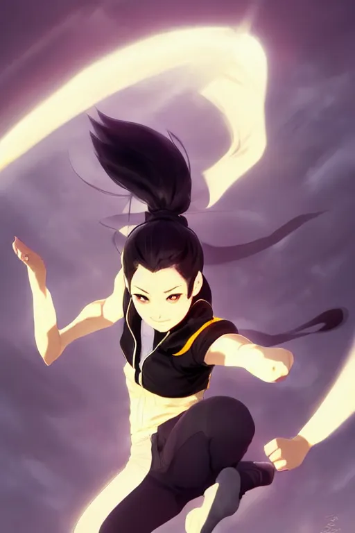 Image similar to black ponytail hair, pale woman in a black zipper jacket, yellow eyes, by artgerm, hair tied in a ponytail, white backdrop, soft lighting, fighting pose, dynamic angle, by greg rutkowski makoto shinkai takashi takeuchi