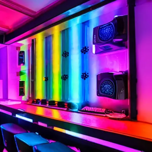 Prompt: photo of an rgb gaming hotel