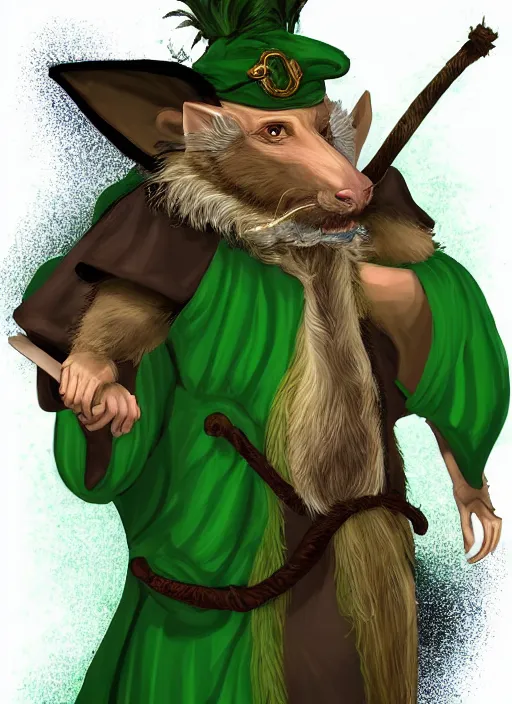 Image similar to ratfolk with beard and jewelry, green eyes, tricorne hat, green robe, D&D, digital art