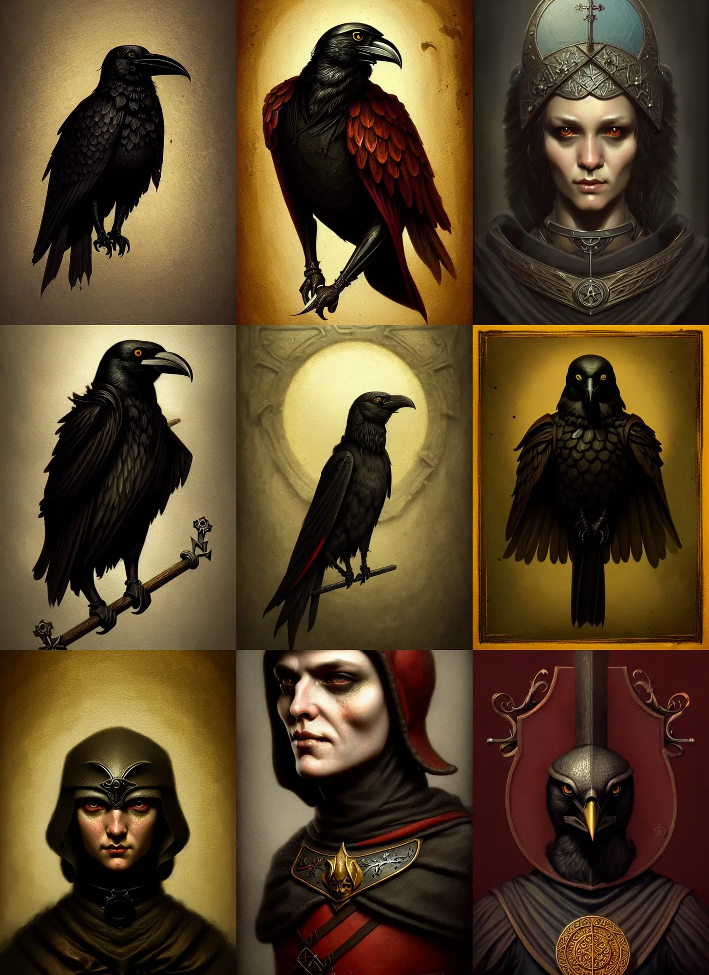 Prompt: a medieval emblem illustrating a crow, diffuse lighting, fantasy, highly detailed, photorealistic, digital painting, artstation, illustration, concept art, smooth, sharp focus, in the style of tom bagshaw