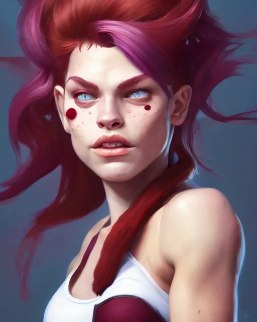 Prompt: brigitte from overwatch wearing white halter top, perfect face, maroon hair, abs, cinematic, freckles, stunning, athletic, strong, agile, highly detailed, psychedelic, digital painting, artstation, smooth, hard focus, illustration, art by jessica rossier and and brian froud