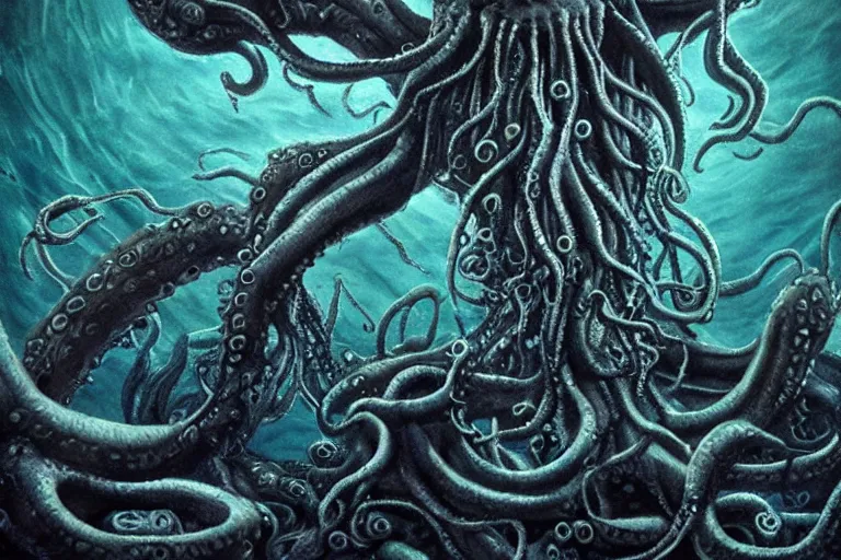 Prompt: old god eldritch horror terrifying the deep abyss of the ocean floor, epic scene, underwater photography, hyper - detailed, gigantic cthulhu, swarm of tentacles, dark art, watercolor paint, epic composition