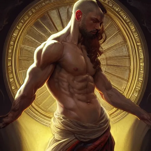 Image similar to portrait of a heavenly god, full body, muscular, fantasy, intricate, elegant, dramatic lighting, highly detailed, digital painting, artstation, concept art, matte, sharp focus, illustration, art by artgerm and greg rutkowski and alphonse mucha