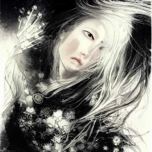 Image similar to yoshitaka amano blurred and dreamy illustration of an anime girl with black eyes, wavy white hair fluttering in the wind wearing elden ring armor and engraving, abstract black and white patterns on the background, noisy film grain effect, highly detailed, renaissance oil painting, weird portrait angle, blurred lost edges, three quarter view