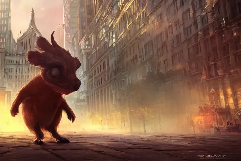Prompt: a beautiful illustration of cute little creature in the middle of the city, fantasy, epic lighting, cinematic composition, hyper realistic, 8 k resolution, unreal engine 5, artstation