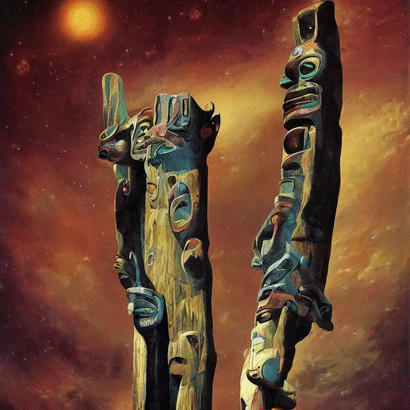 Prompt: painting of a futuristic totem pole. pulp sci - fi art for omni magazine. high contrast. dark background. baroque period, oil on canvas. renaissance masterpiece. muted colors, soft gradients trending on artstation. retrofuturism.