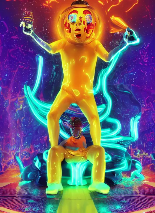 Prompt: photo of fullbodied baroque and bladerunner neon drippy tar sculpture of seductive ceramic albino ceramic prince brian whittaker dotado lavendar iridescent humanoid deity wearing orange plastic fluffy hoody holding diamond skull in a blue alien dungeon, reclining, glowing rainbow face, crown of white diamonds, cinematic lighting, photorealistic, octane render 8 k depth of field 3 d
