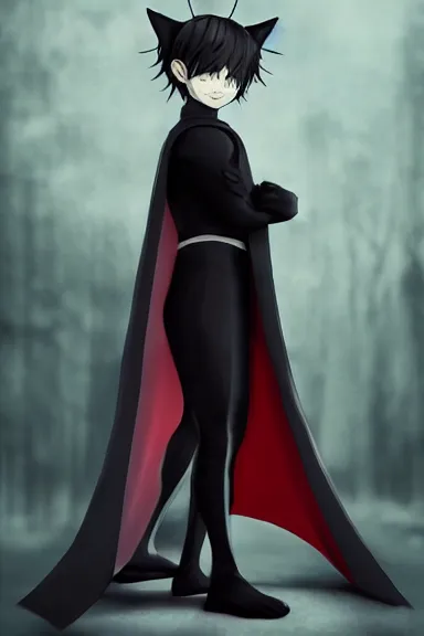 Image similar to little boy with cat ears in an black outfit with red cape. digital artwork made by lois van baarle and kentaro miura, sharpness focus, inspired by hirohiko araki and film noir, anatomically correct, heroic composition, hero pose, smooth