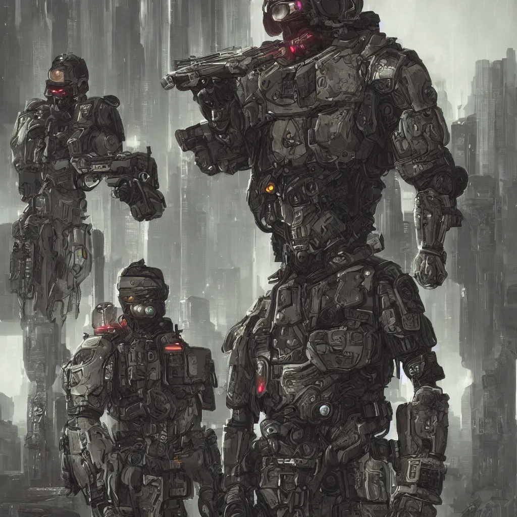 Prompt: portrait of a cyberpunk special forces with power infantry armor, high detail, by Moebius, trending on artstation