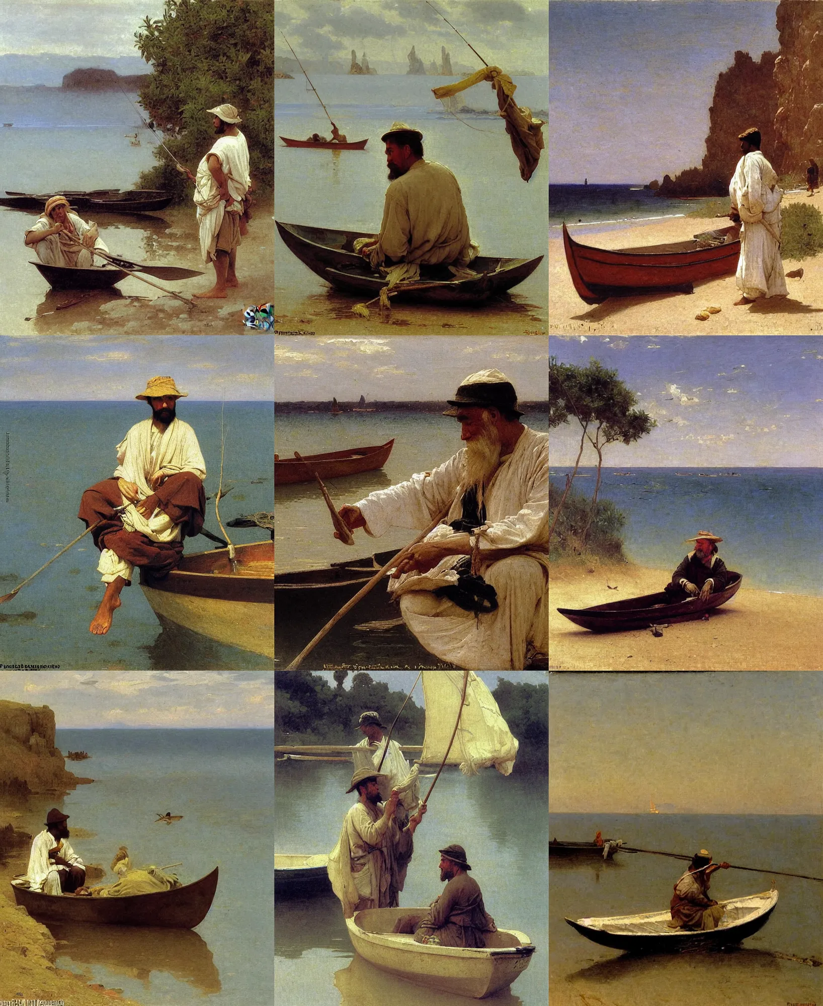 Prompt: painting of wise man as a fisherman on a small boat by the coast by bouguereau and ilya repin