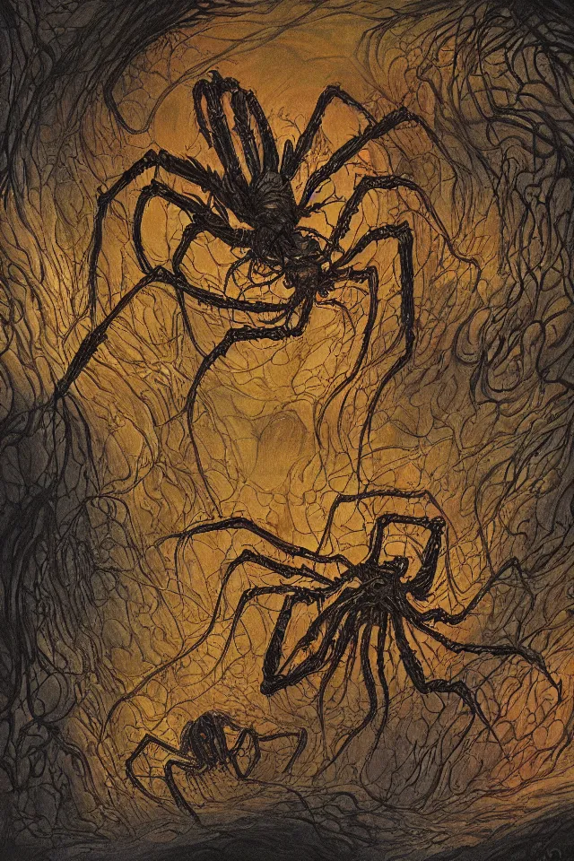 Prompt: alien spider floating in a dark cave with intricate writing on the walls contrasting colors, Dan Seagrave