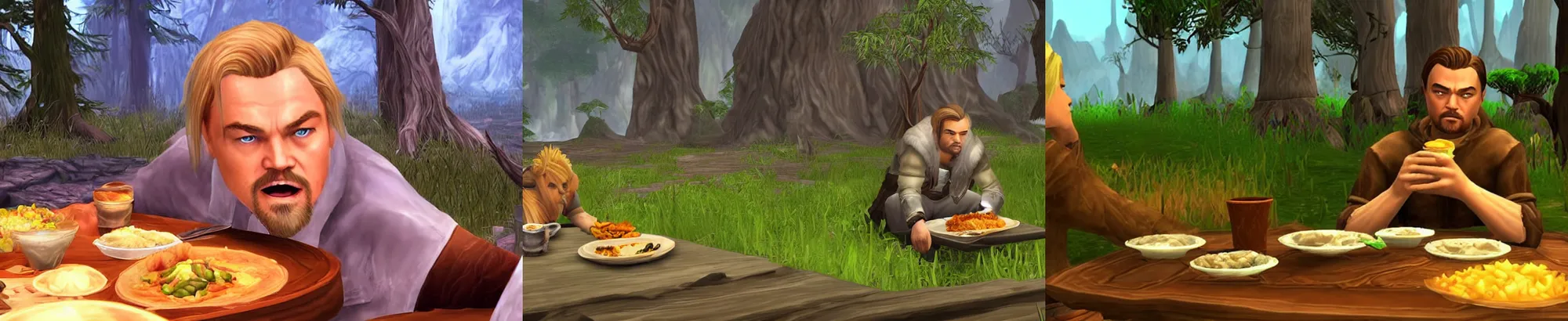 Prompt: alone leonardo dicaprio with blonde hair eating food inside world of warcraft elwynn forest, pc screen image.