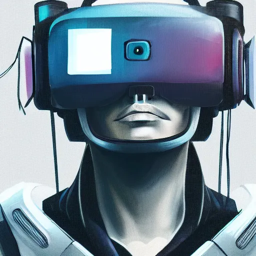 Image similar to cyberpunk bot wearing vr headset, sci - fi, portrait, illustration