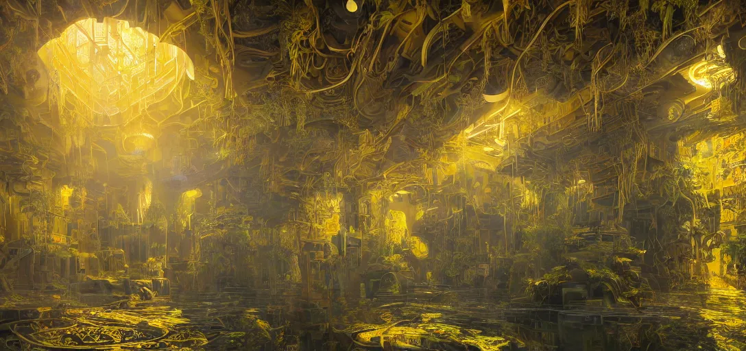 Prompt: highly detailed abstract yellow backrooms architecture and, reflective lighting, holographic, stylized vegetation, ground-level view, stunning sunny lighting, sunrise, foggy atmosphere, waterfalls, vivid colors, lights, in the style of pixar animation, trending on Artstation, 8k, matte painting, ray tracing, hyper detailed, unreal engine 5, cinematic, epic lighting, cryengine, octane render, cyberpunk, red and orange glow, vibrant