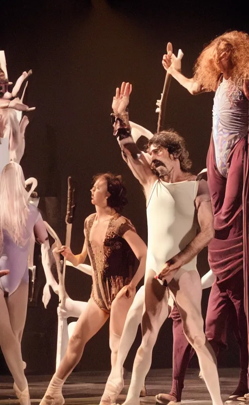 Prompt: Frank Zappa in a leotard and a crown performs the role of Richard III in award-winning modern dress production of Richard III in front of a live audience, action shot