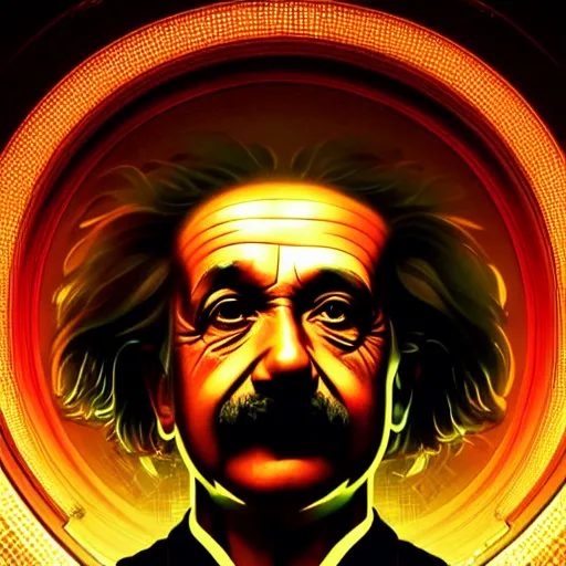 Prompt: symmetry!! portrait of albert einstein, sci - fi, tech wear, glowing lights!! intricate, elegant, highly detailed, digital painting, artstation, concept art, smooth, sharp focus, illustration, art by artgerm and greg rutkowski and alphonse mucha